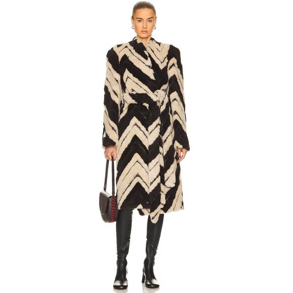 Stella McCartney Metallic Chevron Faux Fur Belted Long Coat 40 - Picture 1 of 13